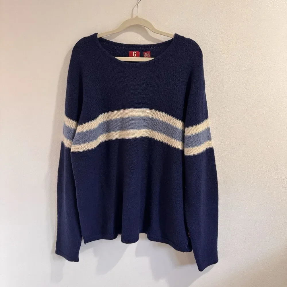 Vintage 90s Y2K Guess Sweater Mens XXL Stripe Blue White Lambswool Knit Jumper